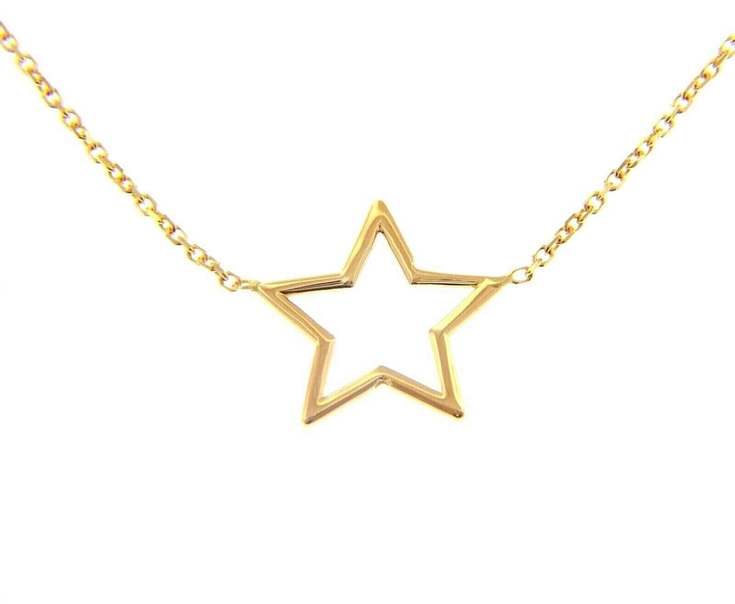 18K YELLOW GOLD NECKLACE 16mm CENTRAL STAR, ROLO OVAL 1mm CHAIN 42cm 16.5