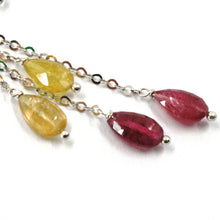 Load image into Gallery viewer, 18k white gold pendant earrings, yellow and purple drop tourmaline, two wires.
