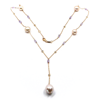 18k rose gold lariat necklace, faceted 3mm amethyst, purple pearls and zirconia.
