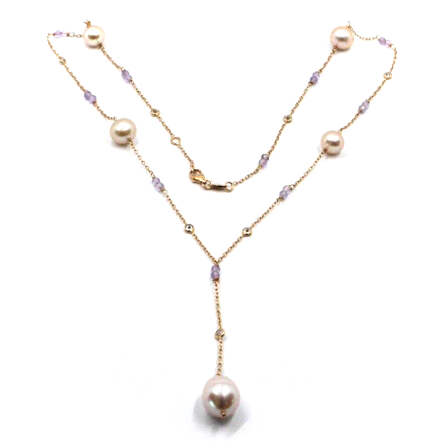 18k rose gold lariat necklace, faceted 3mm amethyst, purple pearls and zirconia.