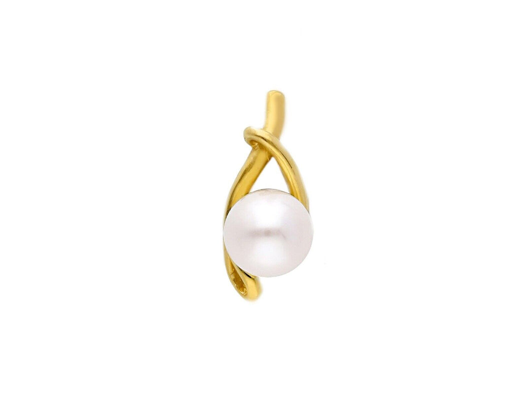 18k yellow gold pendant charm with round freshwater white pearl 7/7.5 mm.