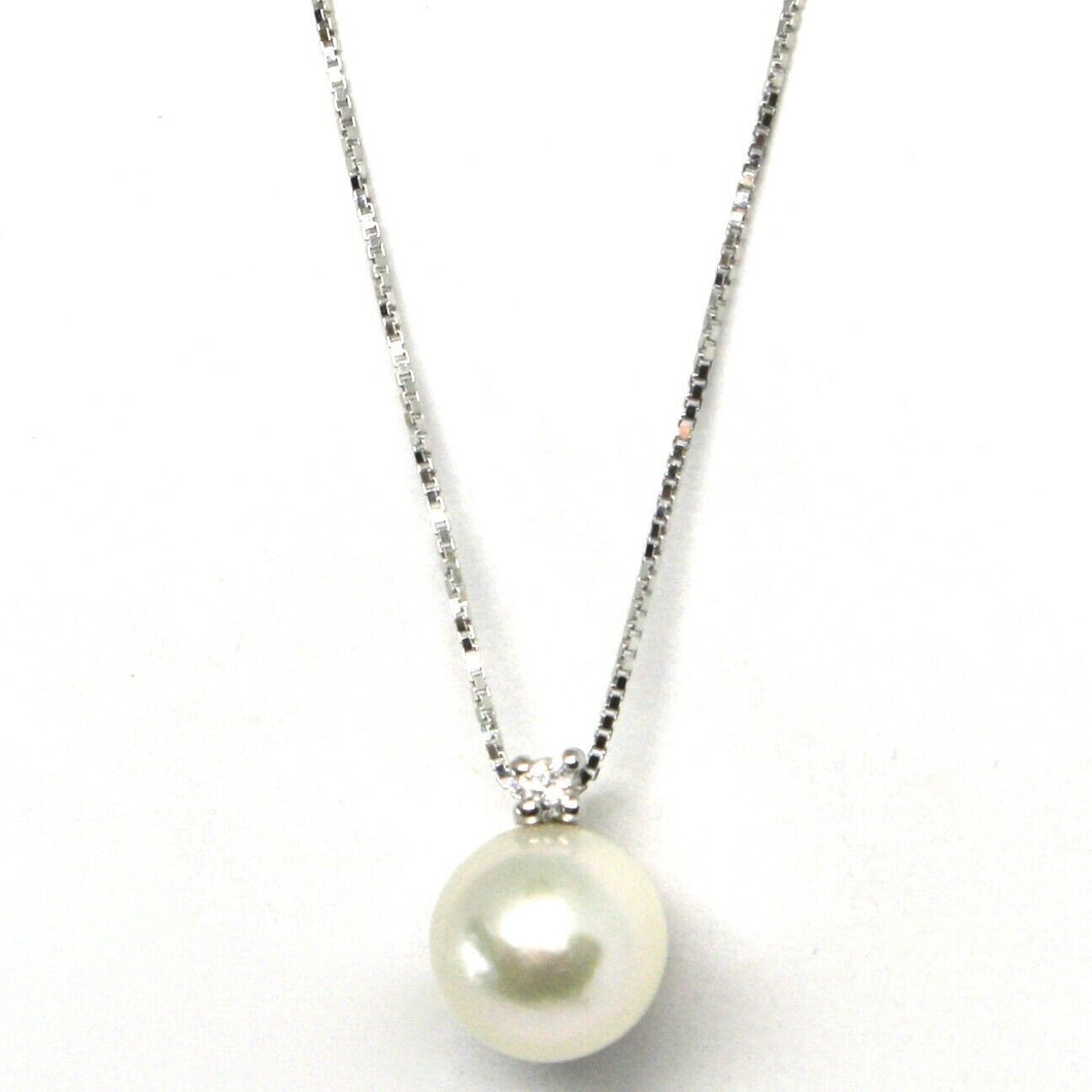 18k white gold necklace Akoya pearl 7.5 mm and diamond, pendant & venetian chain