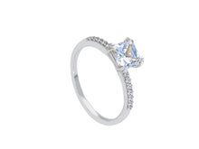 Load image into Gallery viewer, 18K WHITE GOLD SOLITAIRE ENGAGEMENT RING, 5mm PRINCESS CUT AND ON BAND ZIRCONIA.
