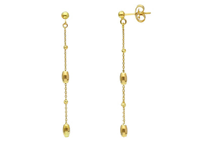 18K YELLOW GOLD PENDANT EARRINGS, SMALL 2.5mm FACETED OVALS, LENGTH 50mm.
