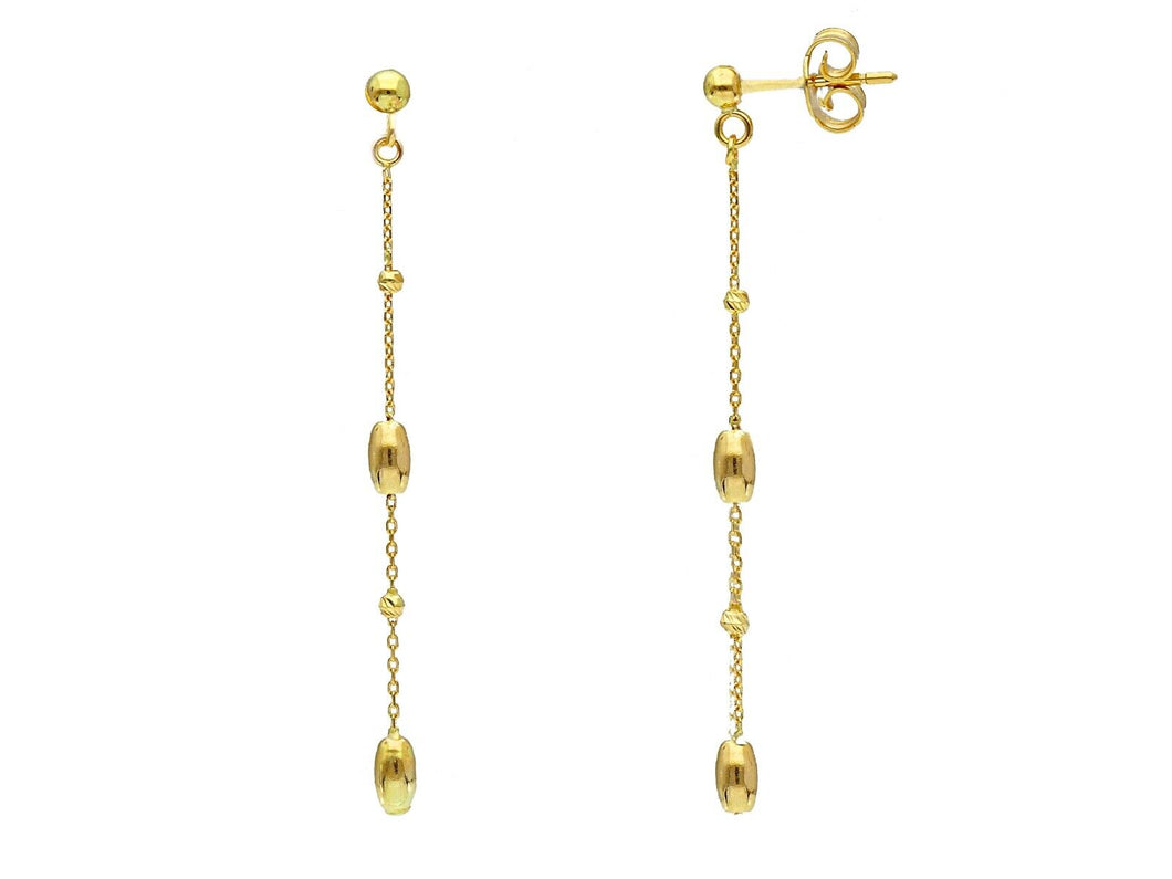 18K YELLOW GOLD PENDANT EARRINGS, SMALL 2.5mm FACETED OVALS, LENGTH 50mm.