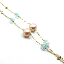 Load image into Gallery viewer, 18k yellow gold lariat necklace faceted 6mm oval aquamarine pink pearls zirconia.
