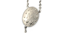 Load image into Gallery viewer, 18k white gold rosary necklace miraculous medal Jesus cross, diamond cut spheres.
