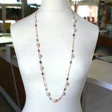 Load image into Gallery viewer, 18k rose gold long necklace rolo chain, big 12mm pearls &amp; tourmaline drops 35.4&quot;.
