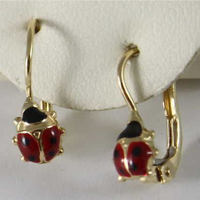 SOLID 18K YELLOW GOLD PENDANT EARRINGS LADYBIRD, FINELY ENAMELLED, MADE IN ITALY.