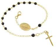 18k yellow gold rosary bracelet, 3-4mm onyx spheres, Cross & miraculous medal.