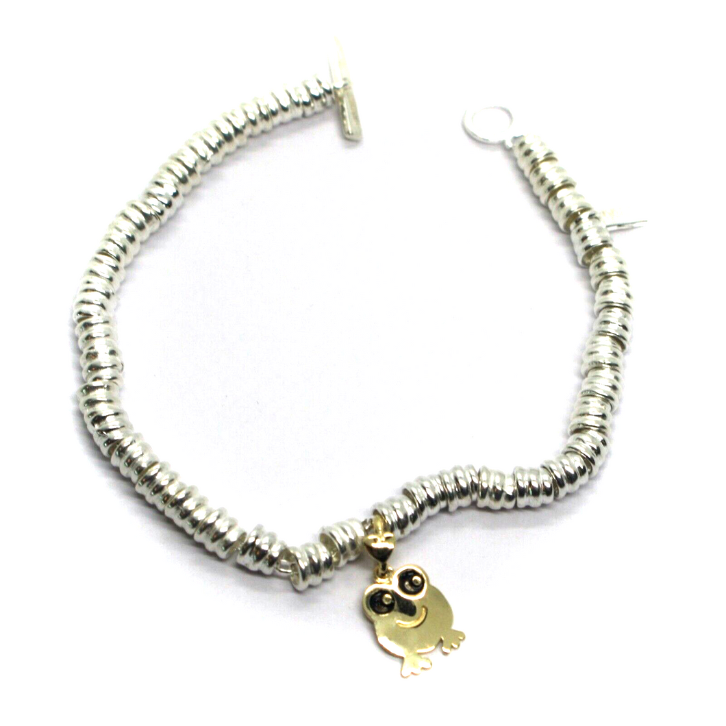 925 STERLING SILVER CIRCLES BRACELET, 9K YELLOW GOLD 12mm PUPPY FROG PENDANT.