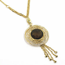 Load image into Gallery viewer, 18K YELLOW GOLD NECKLACE, MULTI WIRE CENTRAL FLOWER SMOKY QUARTZ, FRINGES BALLS
