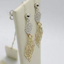 Load image into Gallery viewer, 18K YELLOW WHITE GOLD PENDANT EARRINGS, DOUBLE WORKED RHOMBUS, MADE IN ITALY.
