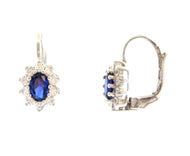 18k white gold flower leverback earrings oval blue crystal cubic zirconia frame.