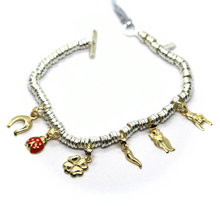 Load image into Gallery viewer, 925 STERLING SILVER BRACELET, 9K YELLOW GOLD HORSESHOE, HAND, OWL, HORN, LADYBUG.
