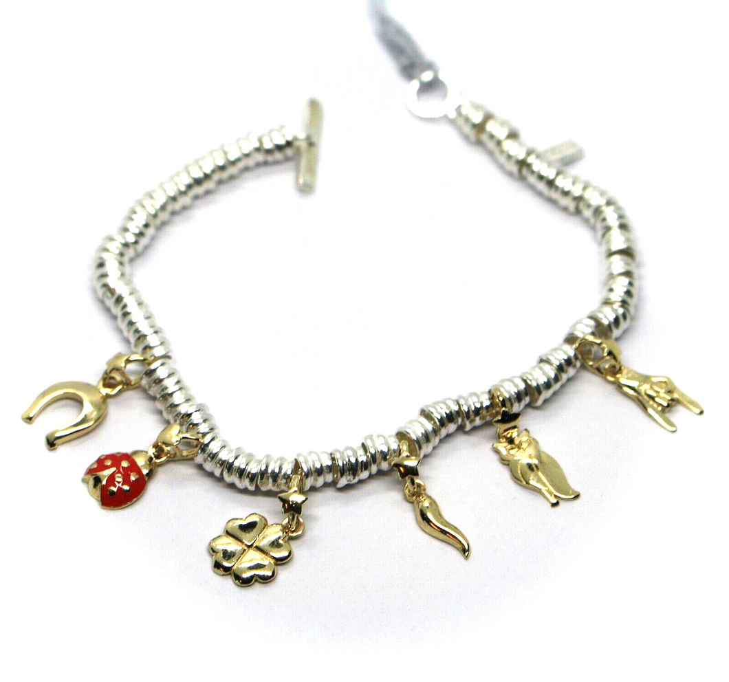 925 STERLING SILVER BRACELET, 9K YELLOW GOLD HORSESHOE, HAND, OWL, HORN, LADYBUG.