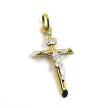 Load image into Gallery viewer, 18K YELLOW WHITE GOLD ROUNDED JESUS TUBE CROSS PENDANT 1.18&quot; MADE IN ITALY
