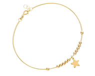 18K YELLOW GOLD RIGID BANGLE CABLE TUBE BRACELET, SPHERES, PENDANT FLAT STAR.