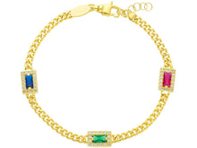 Load image into Gallery viewer, 18K YELLOW GOLD BRACELET, GOURMETTE CUBAN CURB 3.2mm, BLUE RED GREEN ZIRCONIA.
