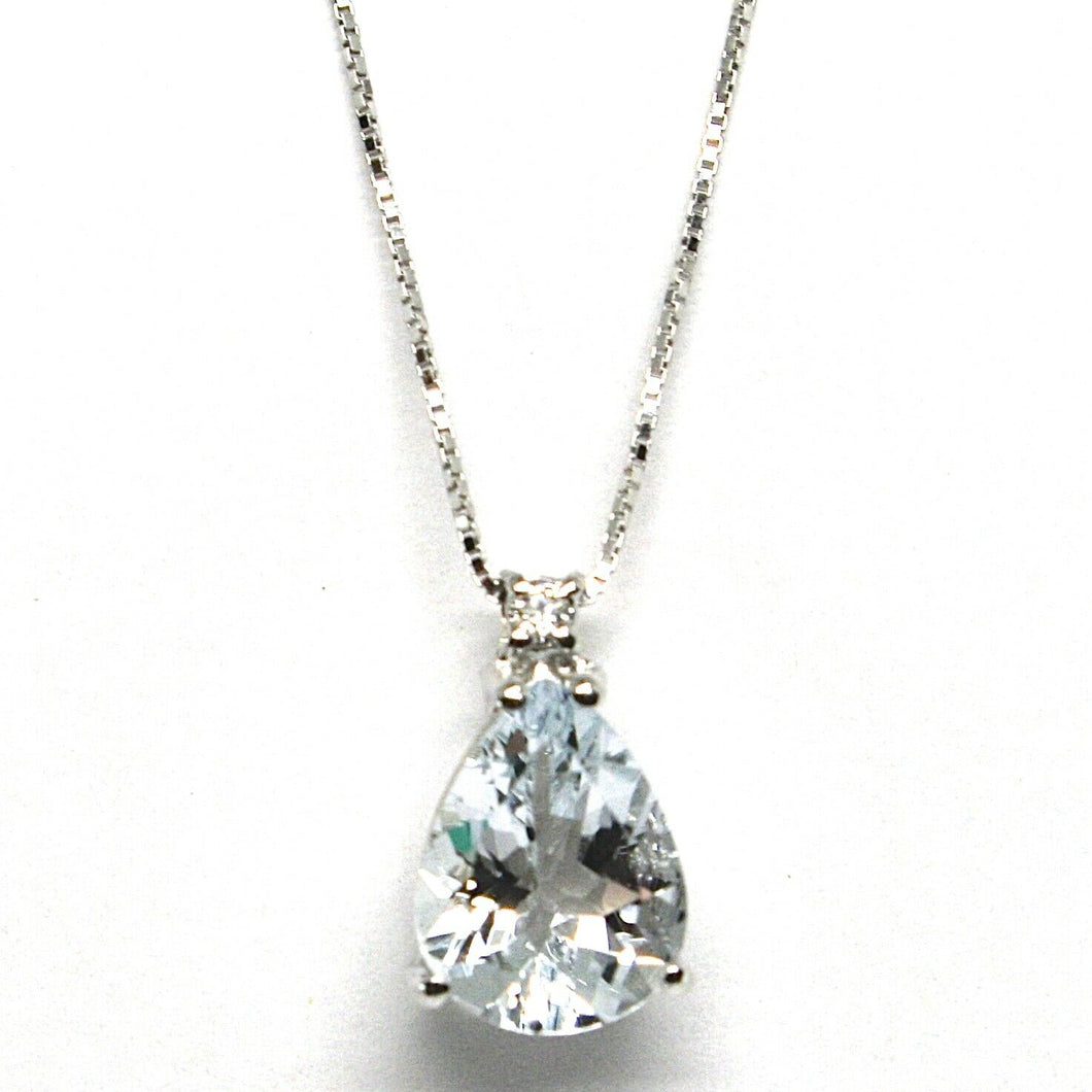 18k white gold necklace aquamarine 1.60 drop cut & diamond, pendant & chain.