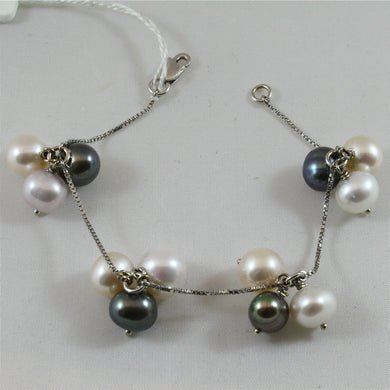 18k white gold bracelet with black, white, rose and purple pearls, made in Italy.