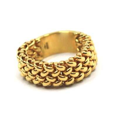 SOLID 18K YELLOW GOLD BAND FLEXIBLE RING OVAL ROUNDED CROSSED BRAIDED LINKS 8mm.