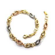 18K YELLOW WHITE ROSE GOLD BRACELET, ROUNDED ONDULATE WORKED 5mm OVALS 19cm 7.5