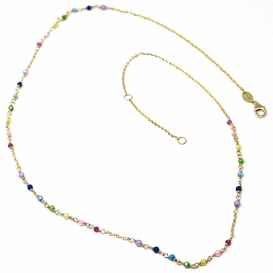 18K YELLOW GOLD NECKLACE, MULTI COLOR FACETED CUBIC ZIRCONIA, ROLO CHAIN, 18