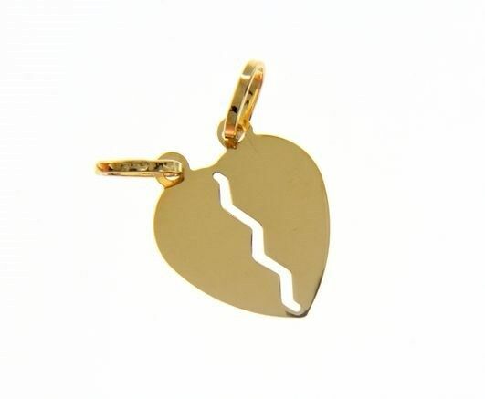 18K YELLOW GOLD DOUBLE BROKEN HEART PENDANT CHARM ENGRAVABLE MADE IN ITALY