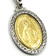 18k yellow white gold cubic zirconia Miraculous big 30mm medal pendant Virgin Mary Madonna.