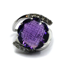 Load image into Gallery viewer, 18K WHITE GOLD DOUBLE WAVE RING BIG FLOWER ROUND 12ct AMETHYST &amp; DIAMONDS FRAME.

