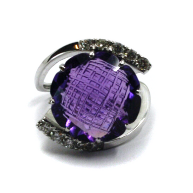 18K WHITE GOLD DOUBLE WAVE RING BIG FLOWER ROUND 12ct AMETHYST & DIAMONDS FRAME.
