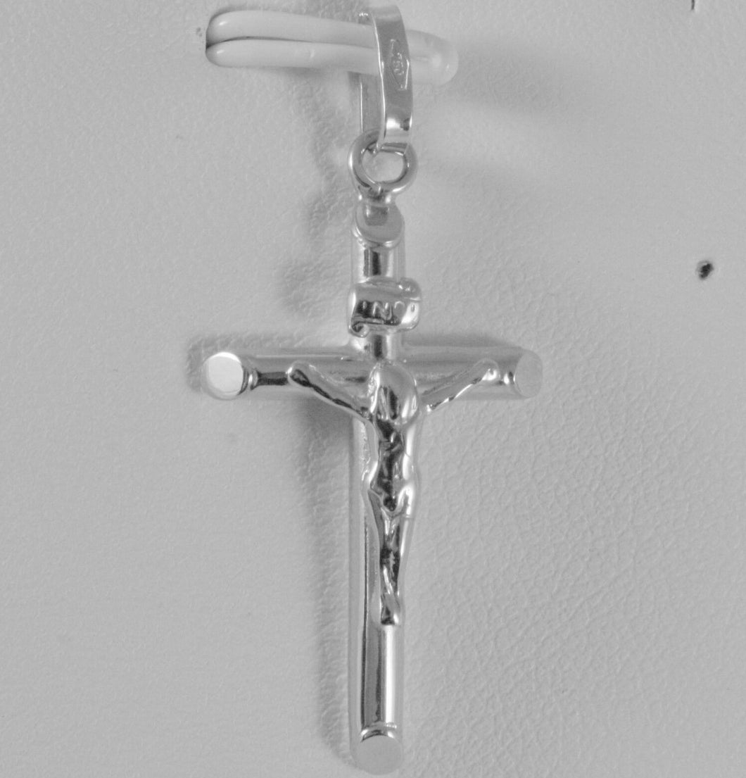 18k white gold cross with Jesus, rounded tube, shiny 1.42 inches, made in Italy