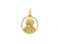 18K YELLOW GOLD MEDAL 15mm ROUND PENDANT, JESUS SACRED HEART, DOTTED FRAME.