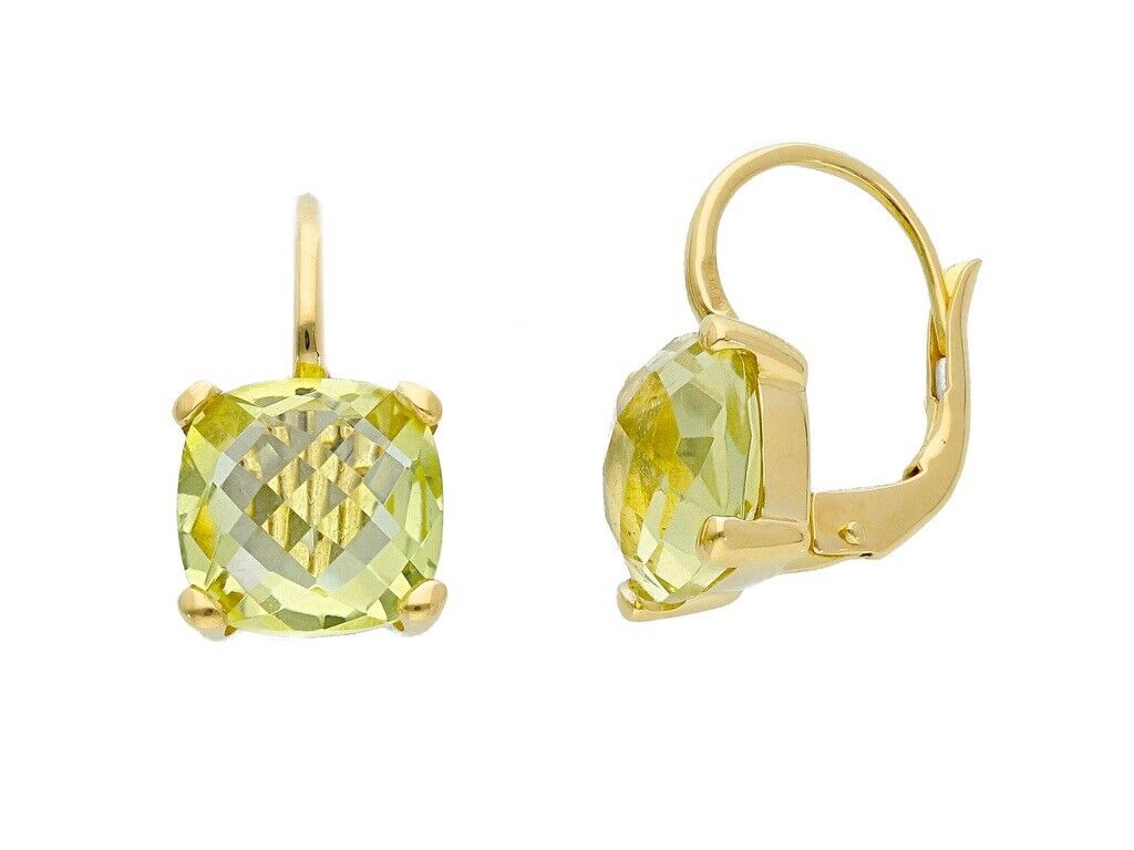 18k yellow gold four prongs pendant earring big 10mm lemon quartz cushion cut.