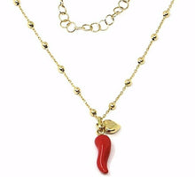 Load image into Gallery viewer, 18K YELLOW GOLD NECKLACE RED ENAMEL MINI HORN CORNICELLO &amp; HEART PENDANT SPHERE BALLS CHAIN.
