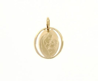 18K YELLOW GOLD PENDANT OVAL MEDAL VIRGIN MARY & JESUS ENGRAVABLE MADE IN ITALY.