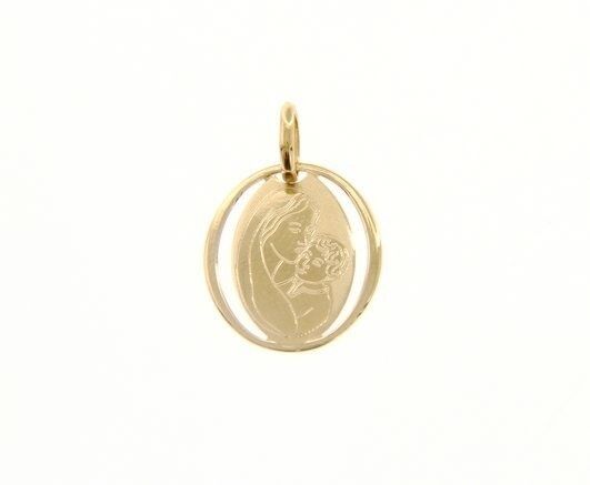 18K YELLOW GOLD PENDANT OVAL MEDAL VIRGIN MARY & JESUS ENGRAVABLE MADE IN ITALY