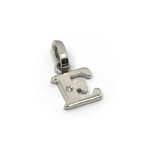 Load image into Gallery viewer, 18k white gold pendant charm small initial letter E, 10mm, 0.4&quot;, with diamond.
