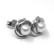 Load image into Gallery viewer, 18k white gold pearl button earrings, 11 mm, 0.43 inches, flower braided spiral.

