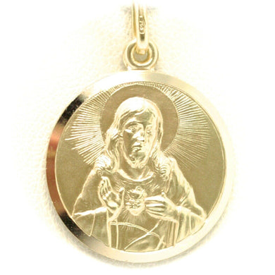 solid 18k yellow gold Sacred Heart of Jesus 17mm round medal, pendant.