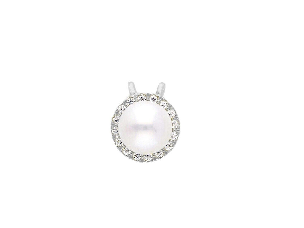 18k white gold pendant charm round freshwater white pearl 8 mm cubic zirconia.