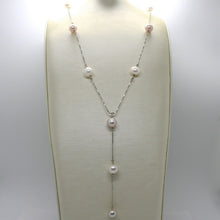 Load image into Gallery viewer, 18k white gold lariat necklace venetian chain purple &amp; white pearls 8.5 mm.
