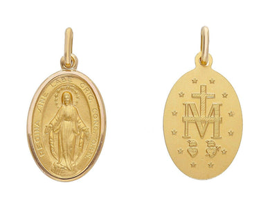 solid 18k yellow gold Miraculous medal pendant, Virgin Mary, Madonna, 12x16mm.