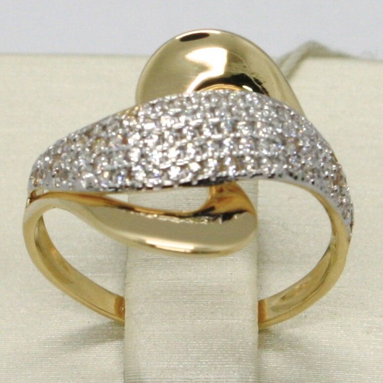 SOLID 18K YELLOW GOLD BAND ZIRCONIA RING, ONDULATE, WAVE, WOVEN, MADE IN ITALY.