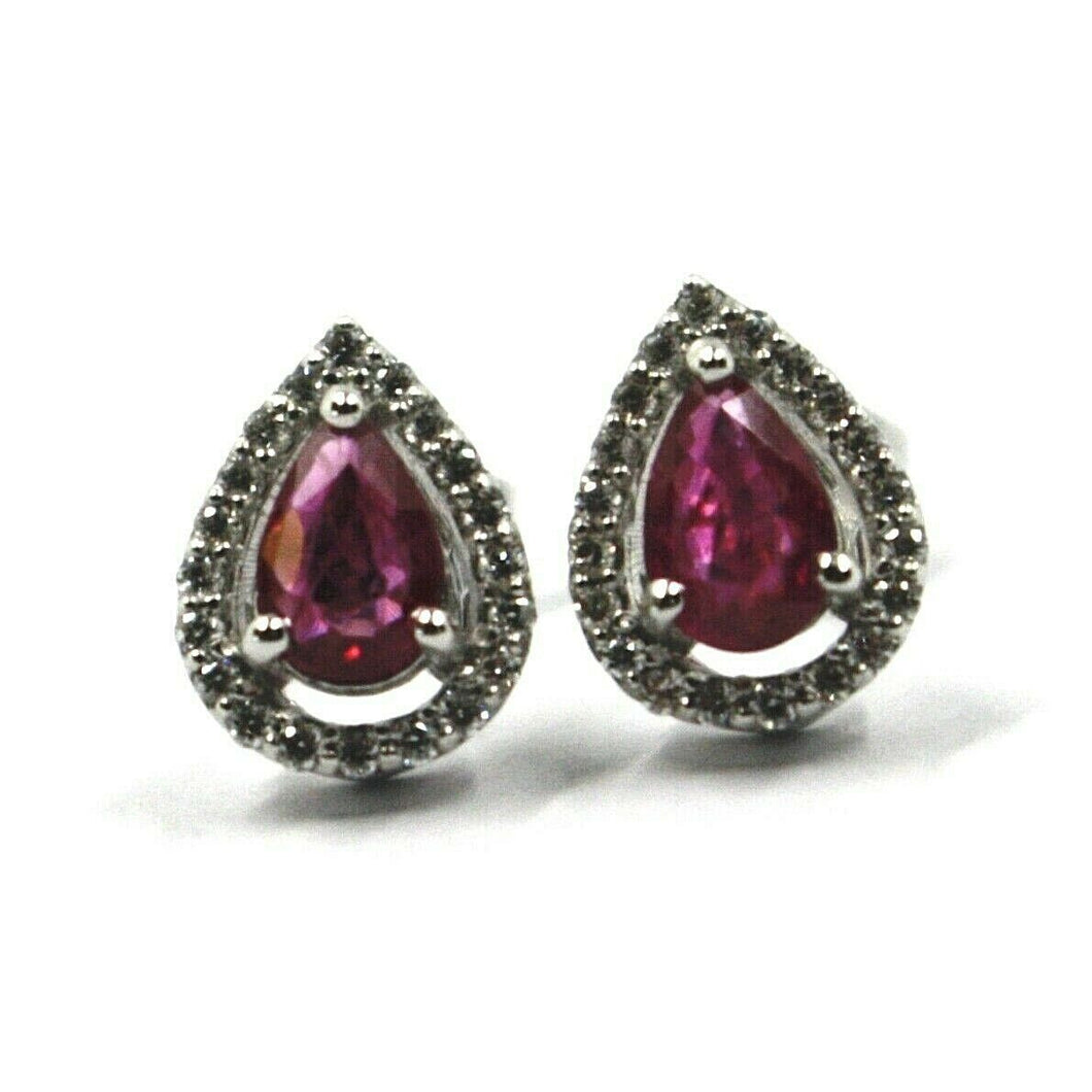 18k white gold ruby earrings 0.83 carats, drop cut, diamonds frame 0.18 carats