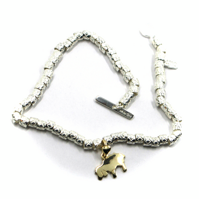 925 STERLING SILVER TUBES CUBES BRACELET, 9K YELLOW GOLD 10mm SHEEP PENDANT.