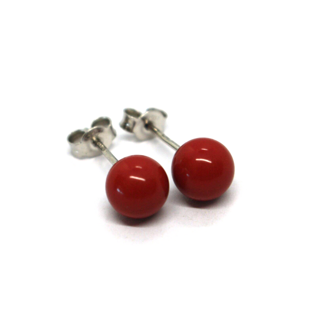 18k white gold 7mm spheres intense red reconstructed coral button earrings.