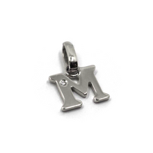 Load image into Gallery viewer, 18k white gold pendant charm small initial letter M, 10mm, 0.4&quot;, with diamond.
