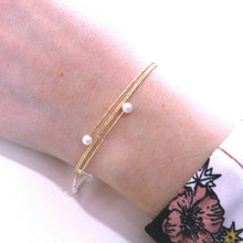 Load image into Gallery viewer, 18k rose gold magicwire bangle bracelet, elastic worked multi wires pink pearls.
